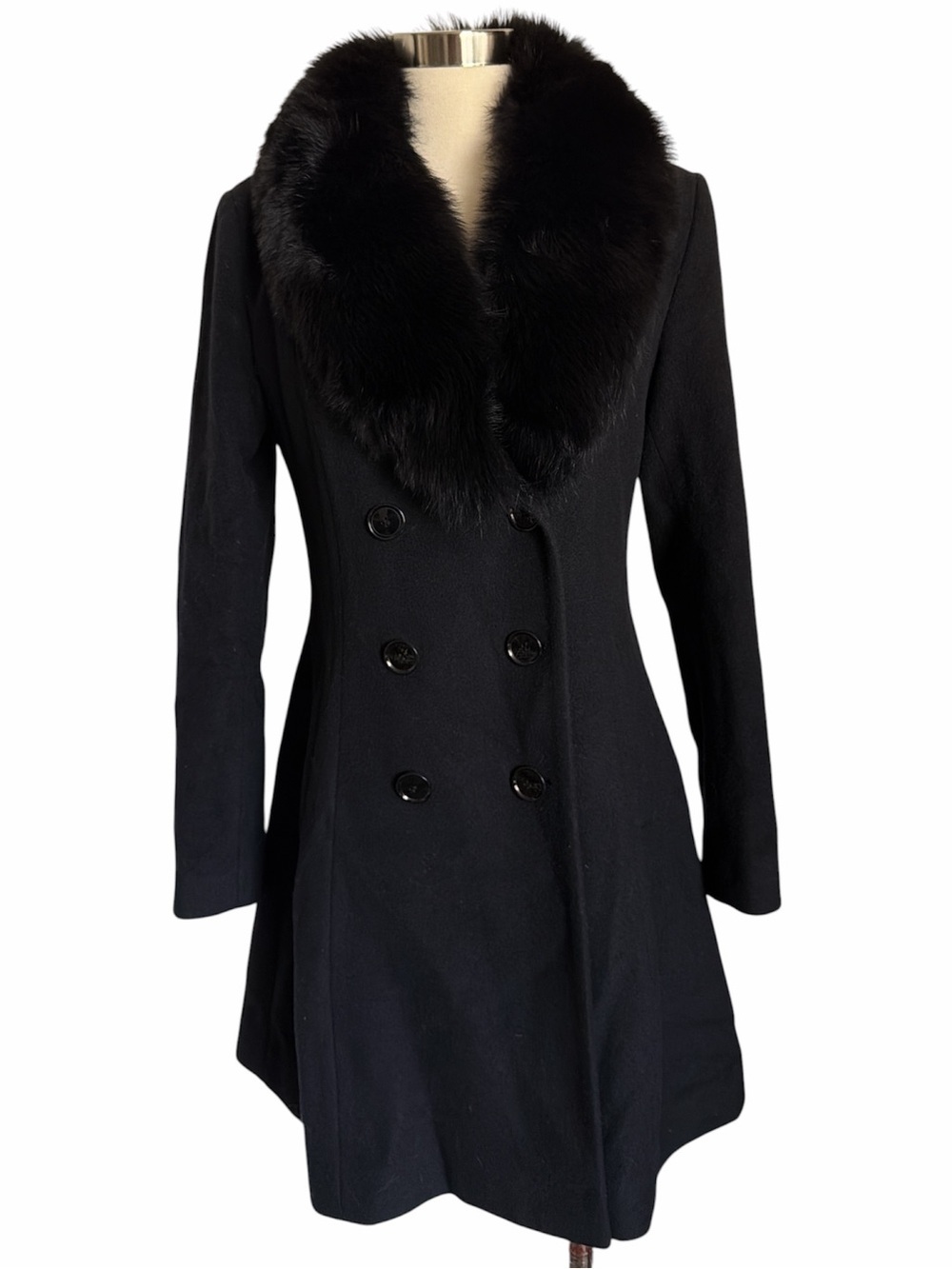 Theory Black Double-Breasted Pea Coat with Fur Collar